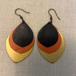 Layered Black Leather, Orange Leather, and Gold Earrings